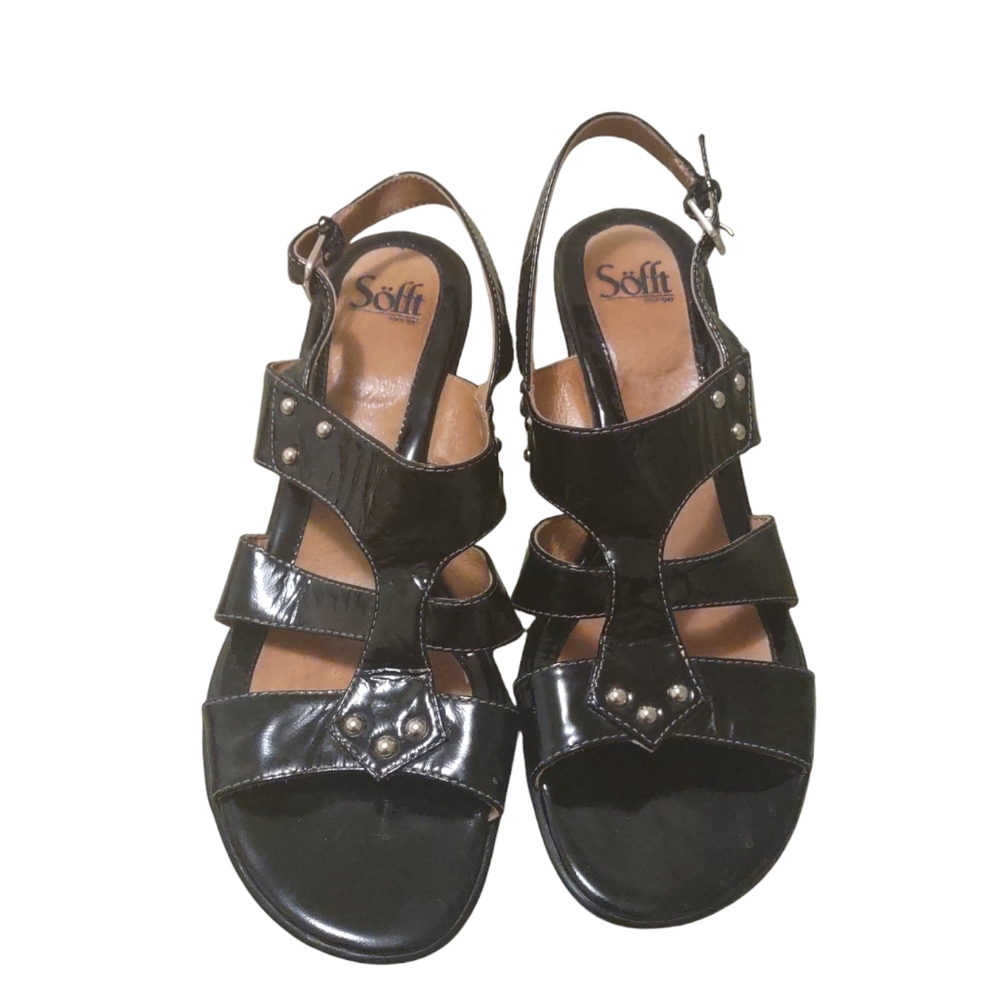 Sofft Women's Black Patent Leather Wedge Heel Sandals Women's Size 10M